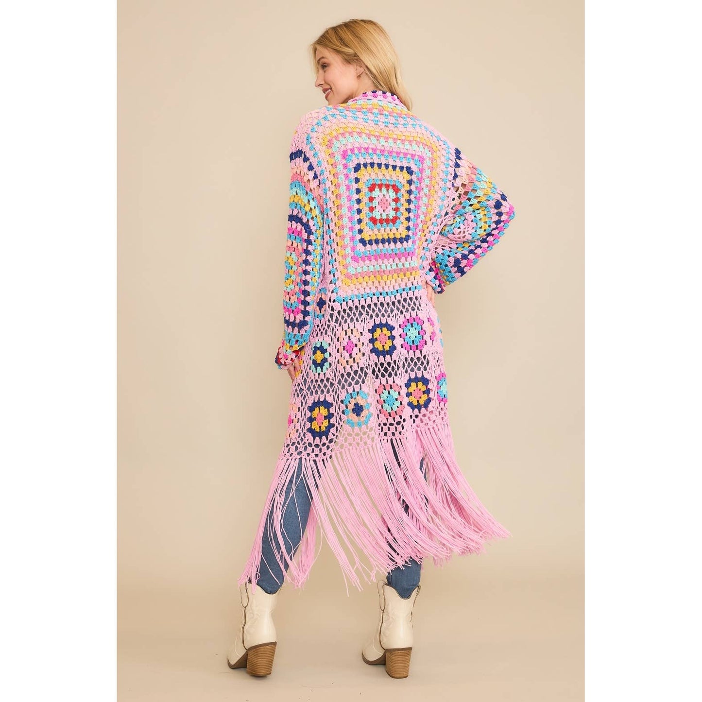 CROCHET FRINGE CARDIGAN DUSTER.