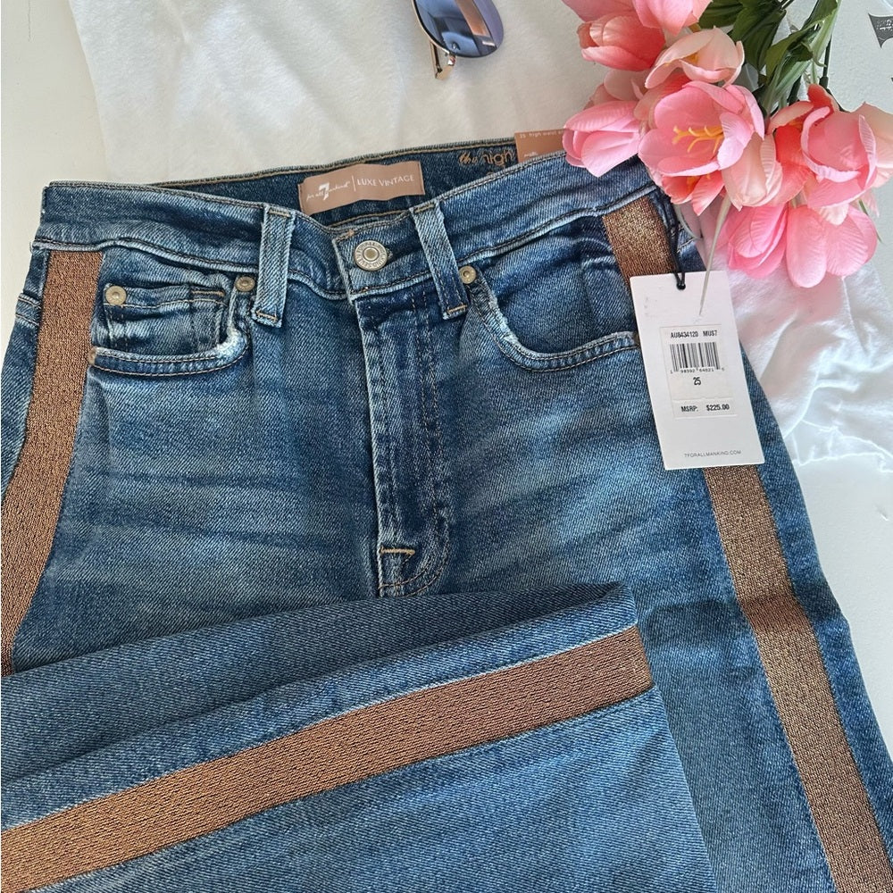 7 For All Mankind High Rise Blue and tan /gold side skinny Jeans