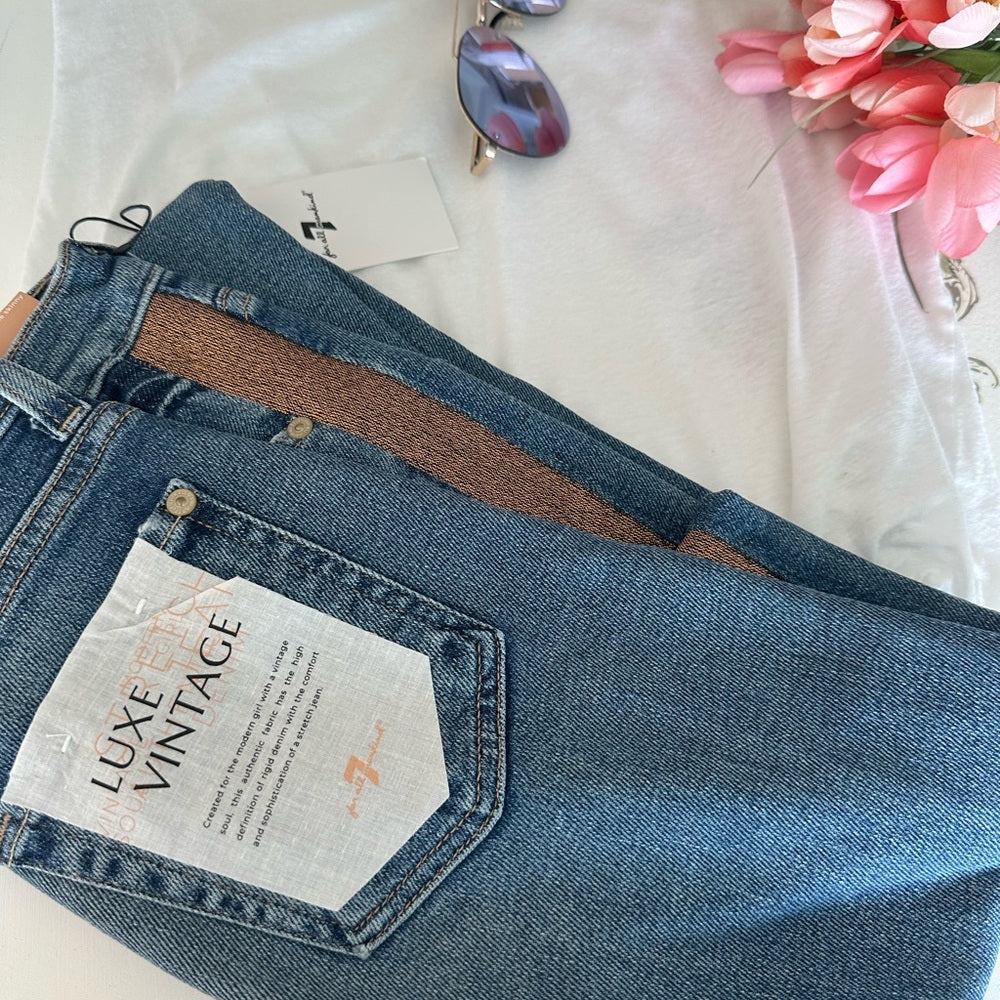 7 For All Mankind High Rise Blue and tan /gold side skinny Jeans
