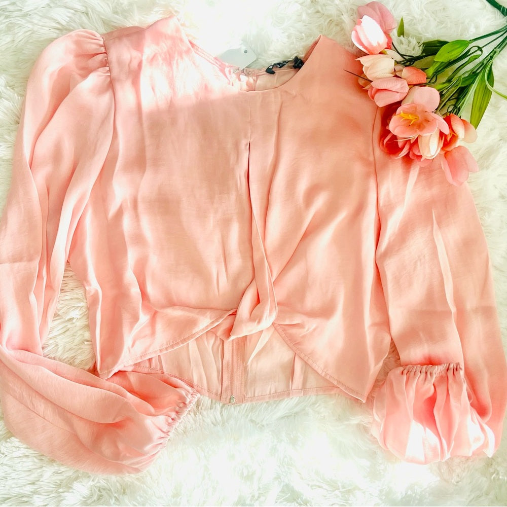Pink Crop Top with Puff Sleeves and Tie Front