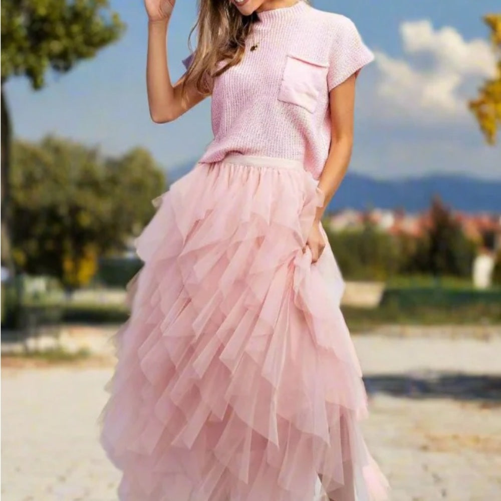 Pink Tiered Maxi TULE Skirt with Ruffles for Prom