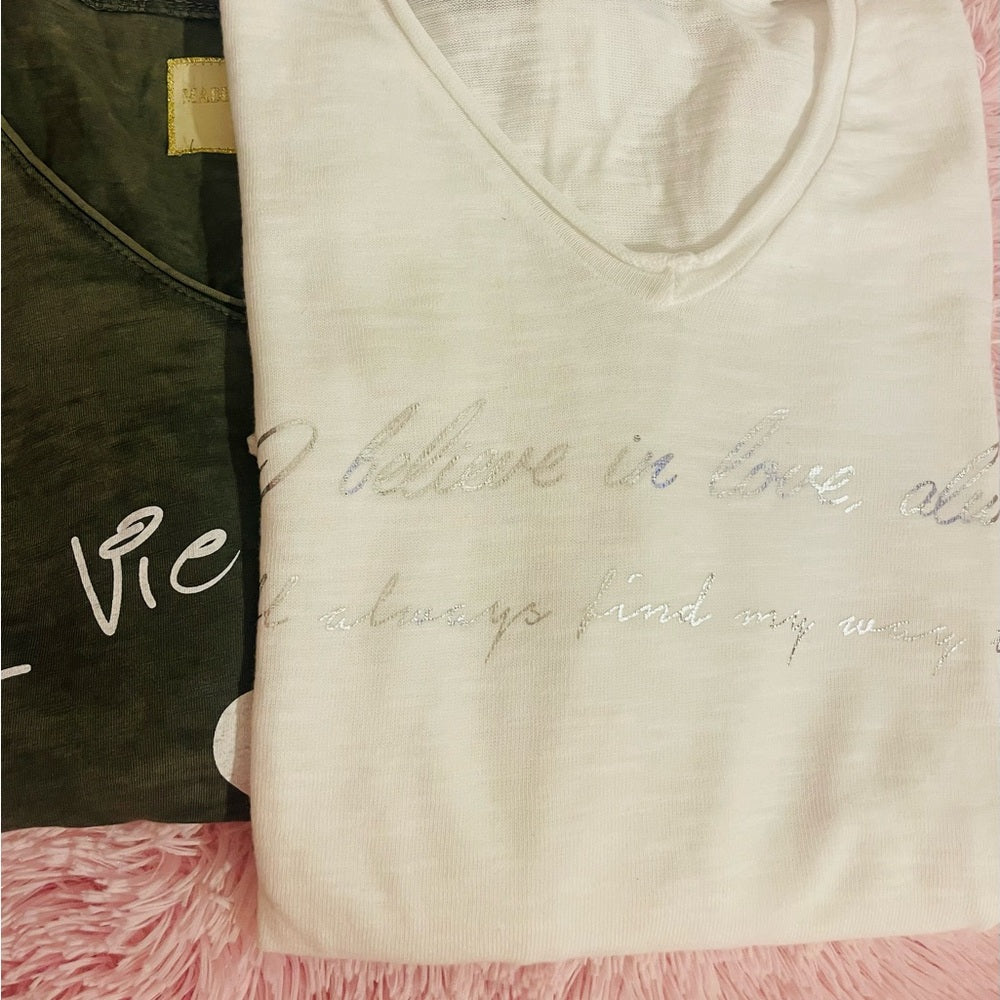White and Green Graphic Tees