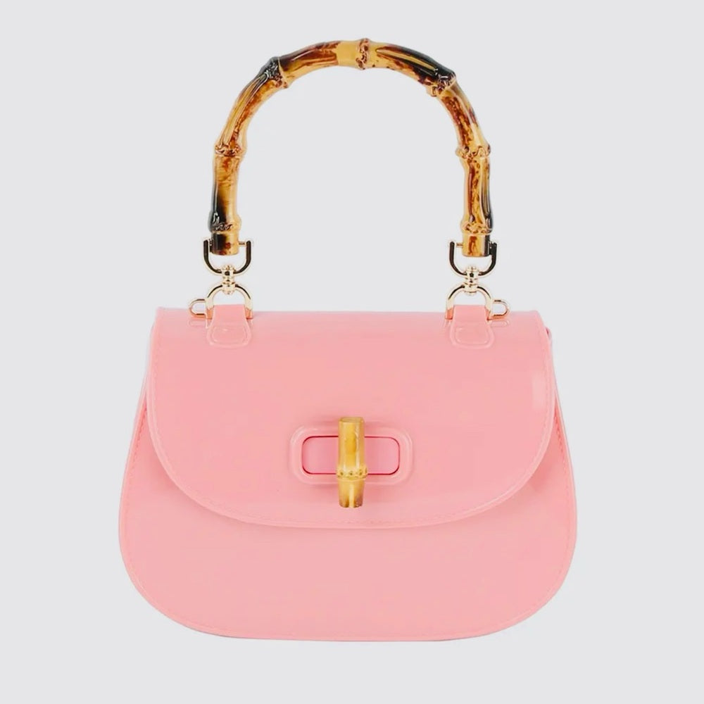 70th Style. Pink and Brown Shoulder Bag with Bamboo Handle