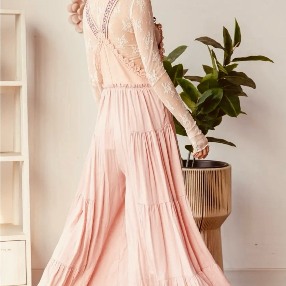 Pink Lace-Trimmed Jumpsuit embroidery, unique and stylish