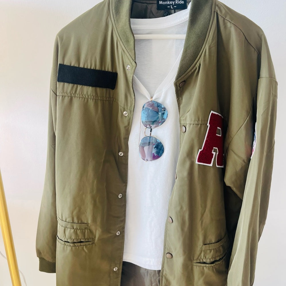 COPY - Olive Green Varsity Jacket with Red Patch