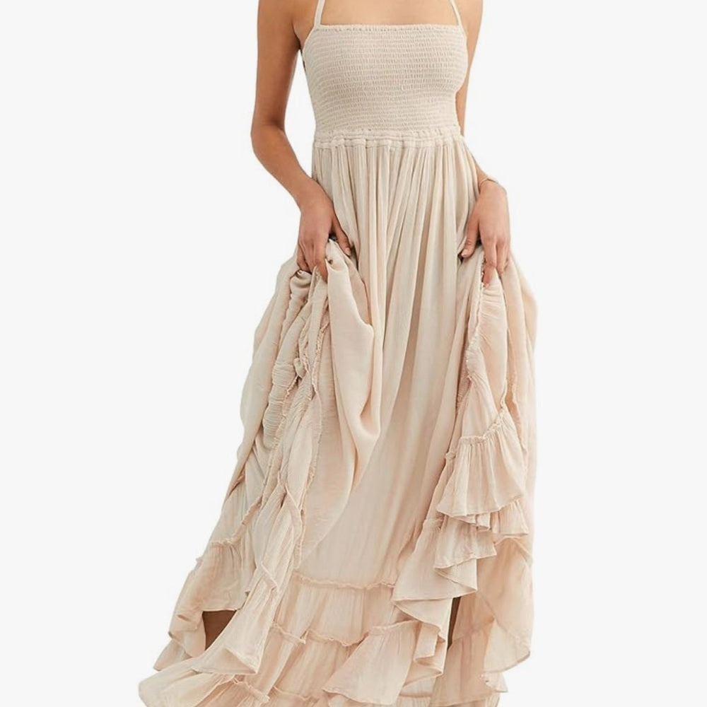 IBIZA Cream Tiered Ruffled Halter Sundress