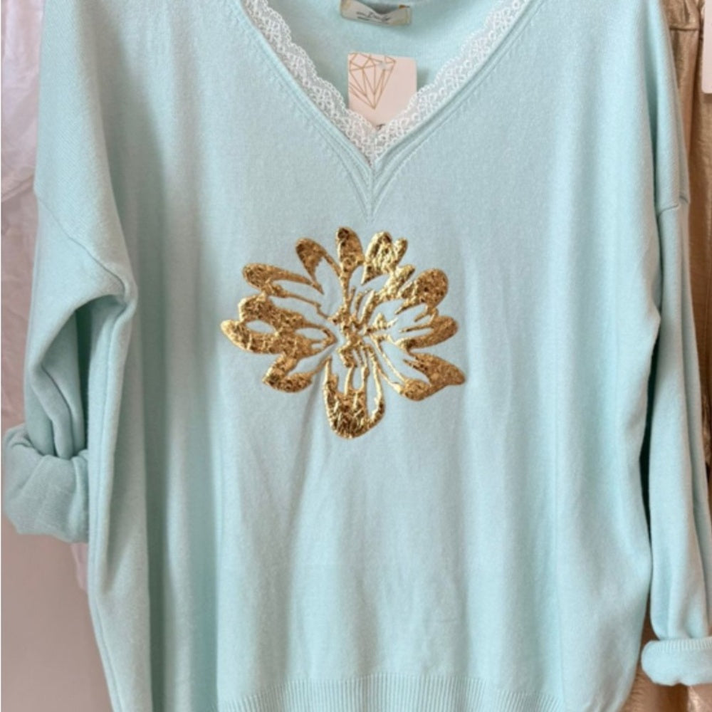 Purple and Gold V-Neck Sweater with Peacock Design