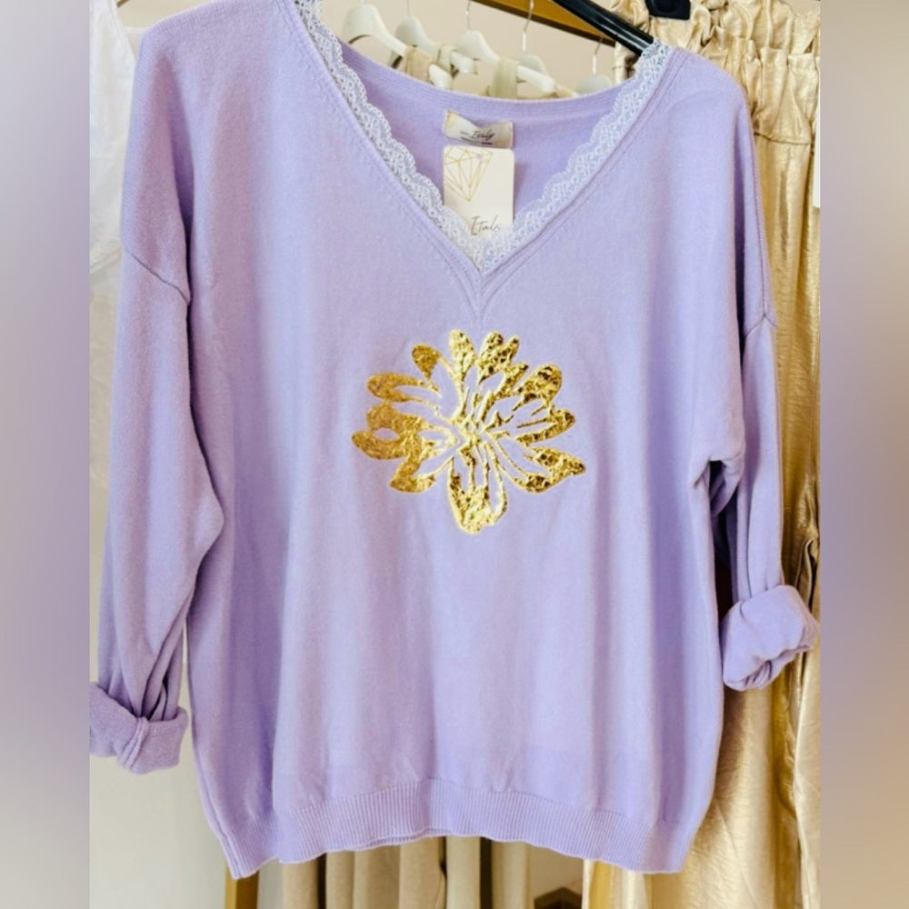 Purple and Gold V-Neck Sweater with Peacock Design