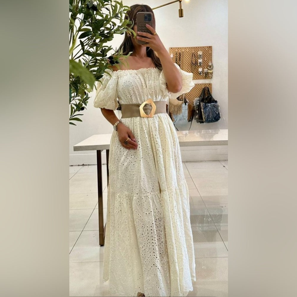 BONITA eyelet Cream Off-Shoulder Puff Sleeve Maxi Sundress