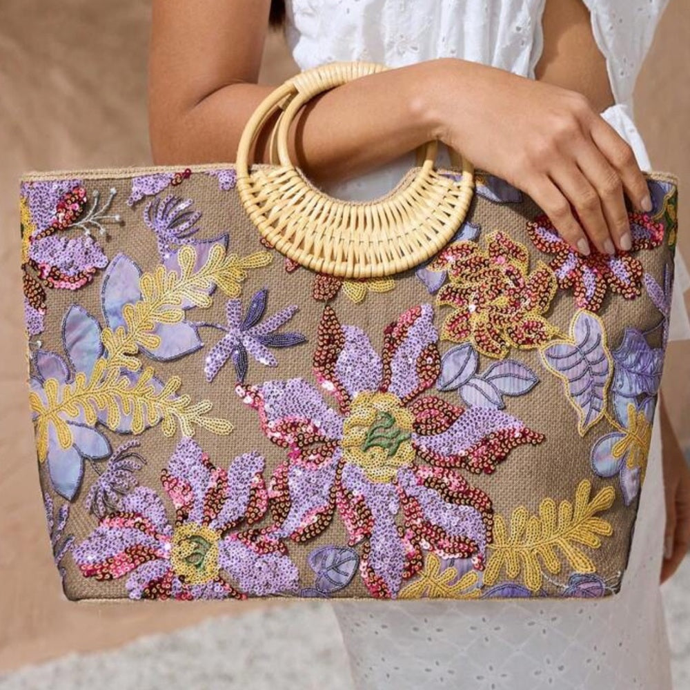 VERONA Vibrant Purple and Yellow Tote with Floral Patterns