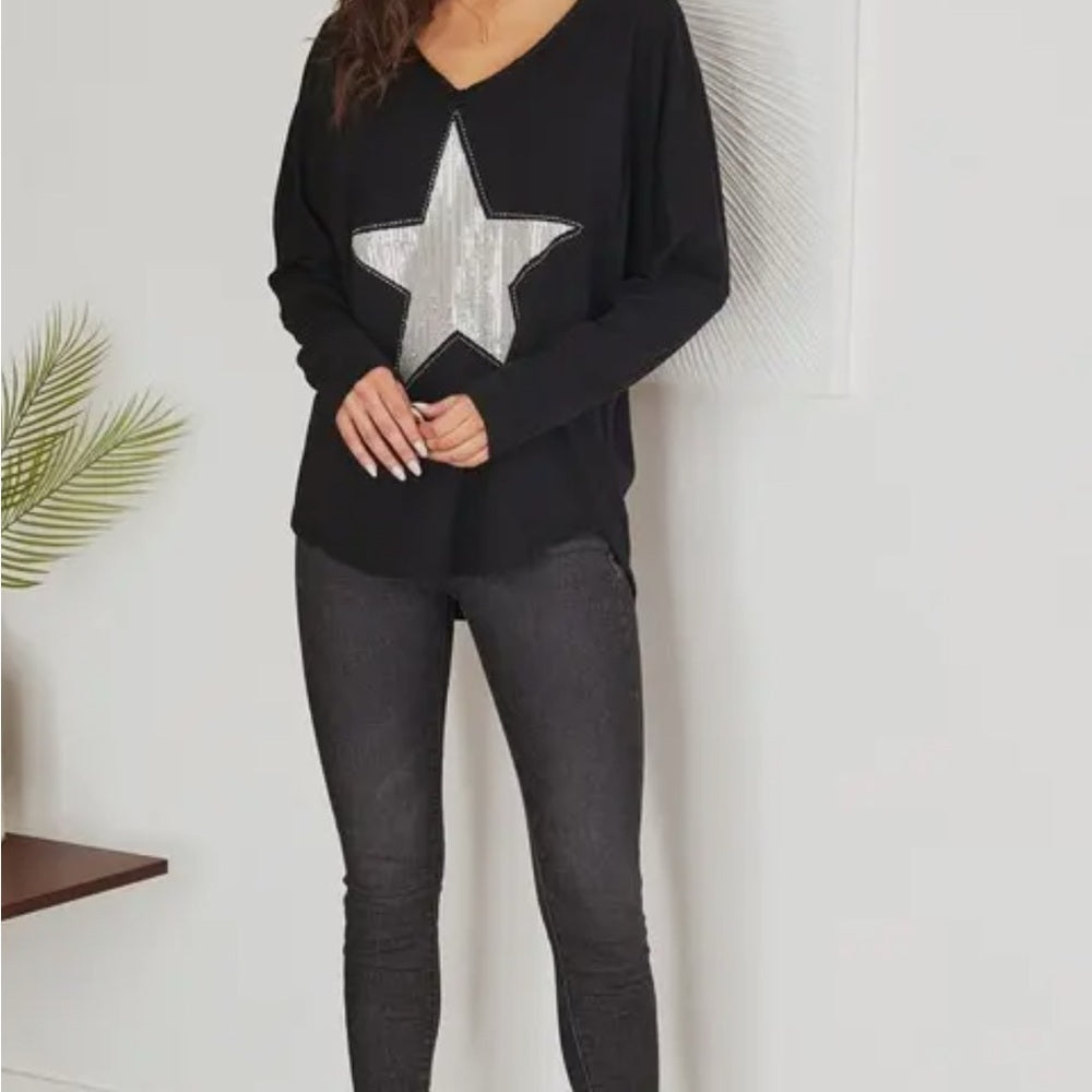 Black and Silver Long Sleeve Sweater Tee
