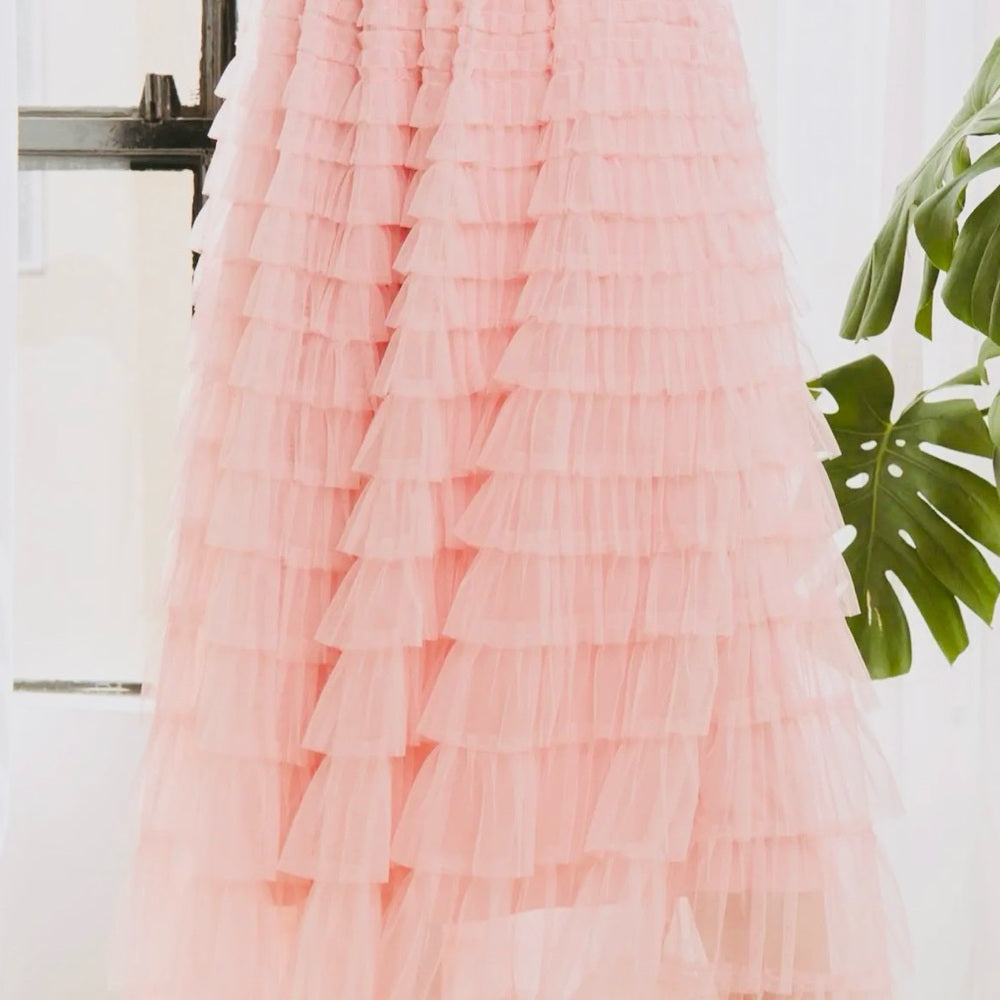 CINDERELLA Ruffled Pink Maxi Skirt for Cocktail Events