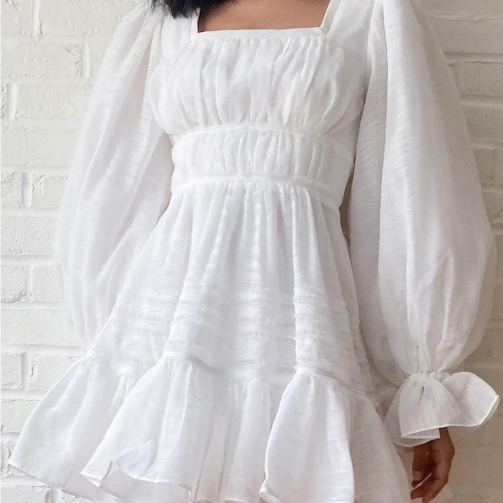Aje White Pleated Sundress with Bishop Sleeves