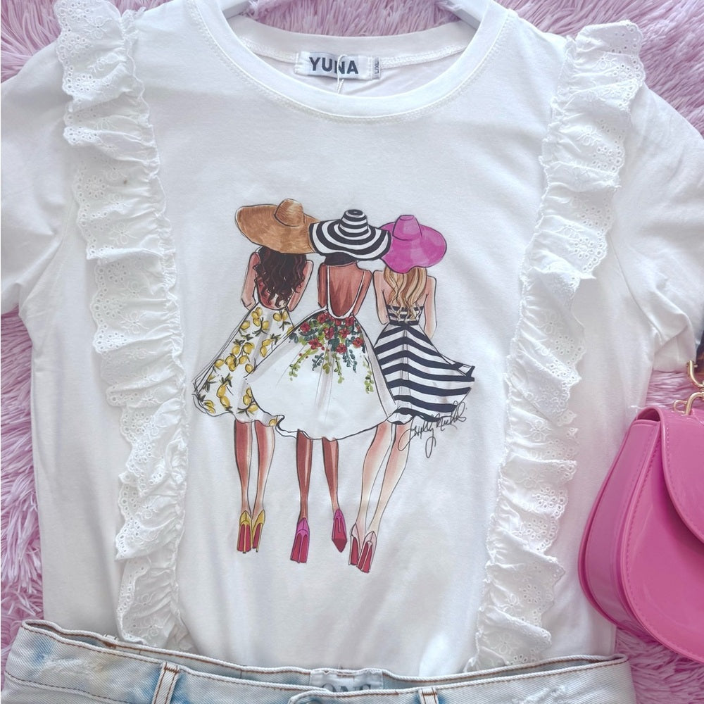 COPY - White Ruffled Short Sleeve Tee with Graphic Print