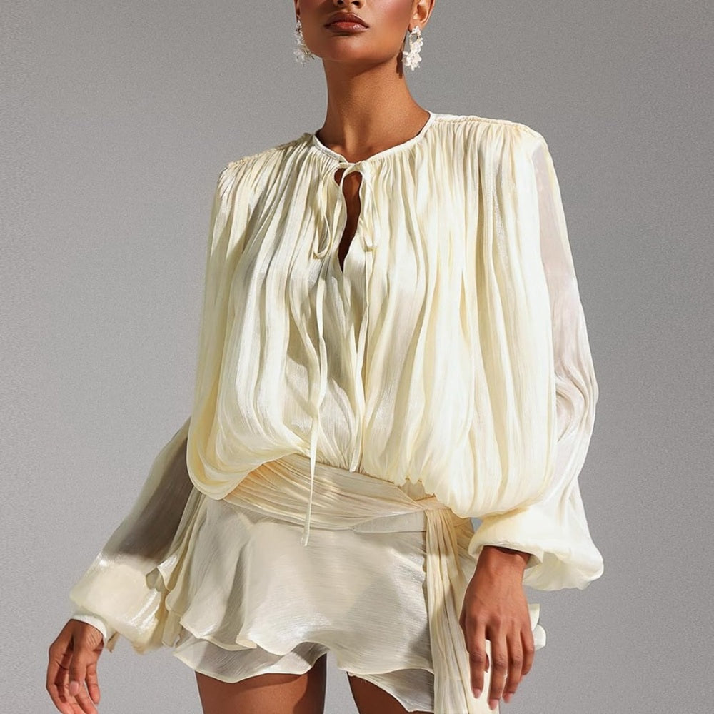 COPY - SAN TORINI Cream Long Sleeve Pleated Blouse with Tie Front