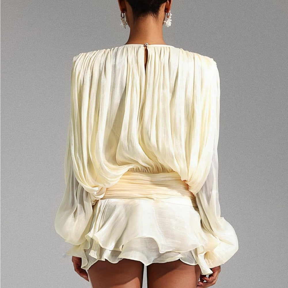 COPY - SAN TORINI Cream Long Sleeve Pleated Blouse with Tie Front