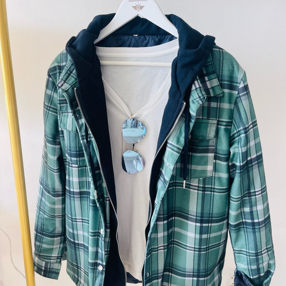 Green Plaid Jacket with attached dark blue Hoodie, unisex, final sale