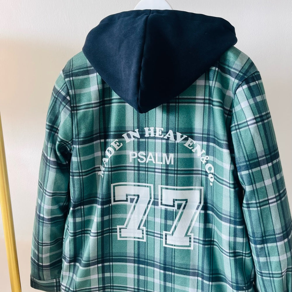 Green Plaid Jacket with attached dark blue Hoodie, unisex, final sale