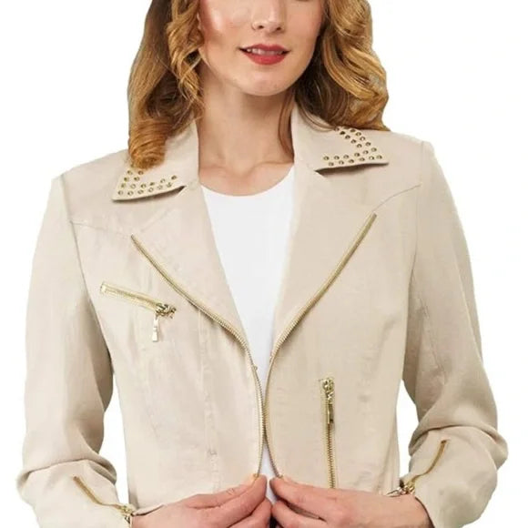 Beige Studded Women's Leather Jacket