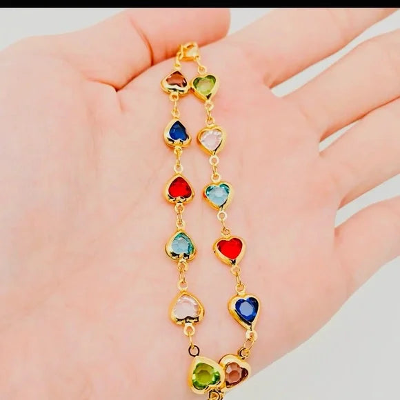 RAINBOW GOLD plated hypoallergenic Heart Bracelet with Multicolor Charms