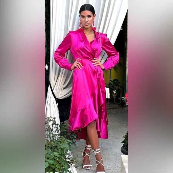 VERANEO Vibrant Fuchsia Satin Wrap Dress