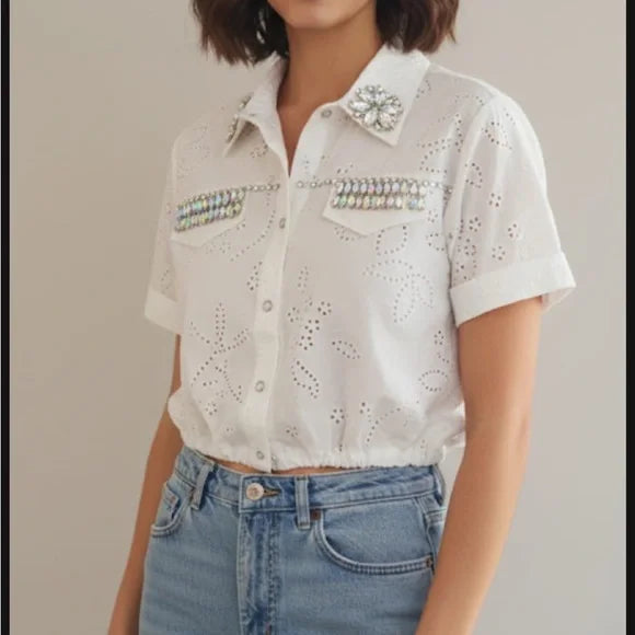 Embellished White Button Down Shirt
