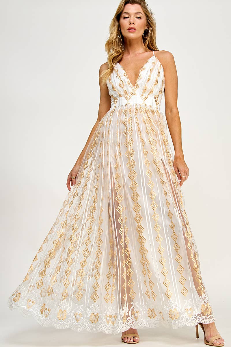 GOLD EMBROIDERED TULLE DRESS