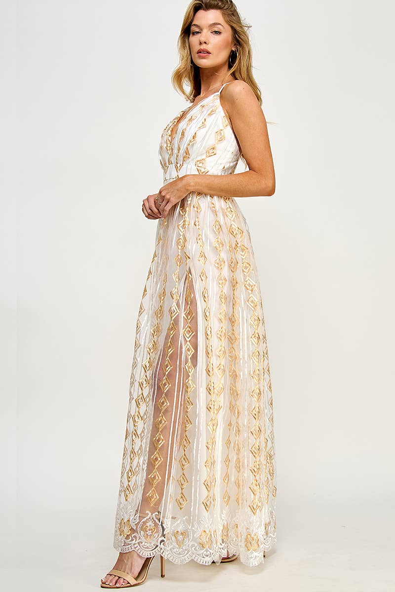 GOLD EMBROIDERED TULLE DRESS