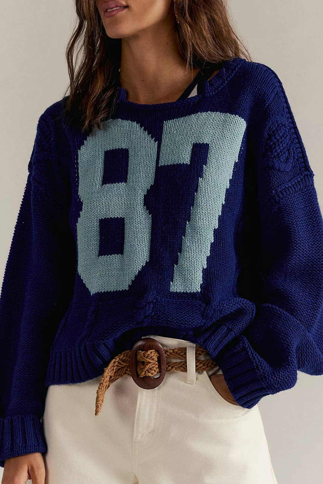 Cropped Cable-Knit 87 Graphic Sweater