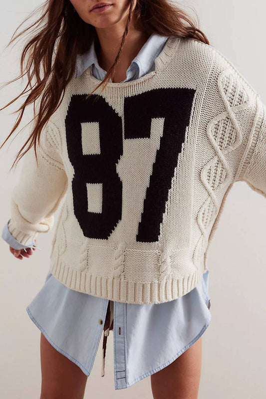 Cropped Cable-Knit 87 Graphic Sweater