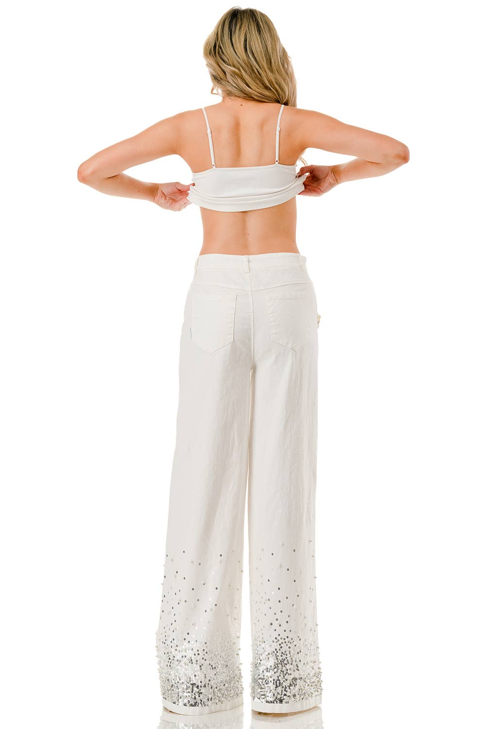 Embellished Pearl & Sequin Wide-Leg Pants