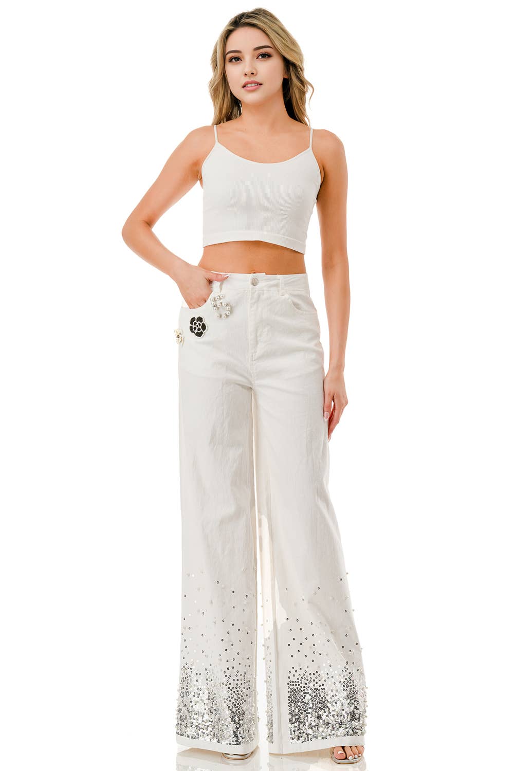 Embellished Pearl & Sequin Wide-Leg Pants