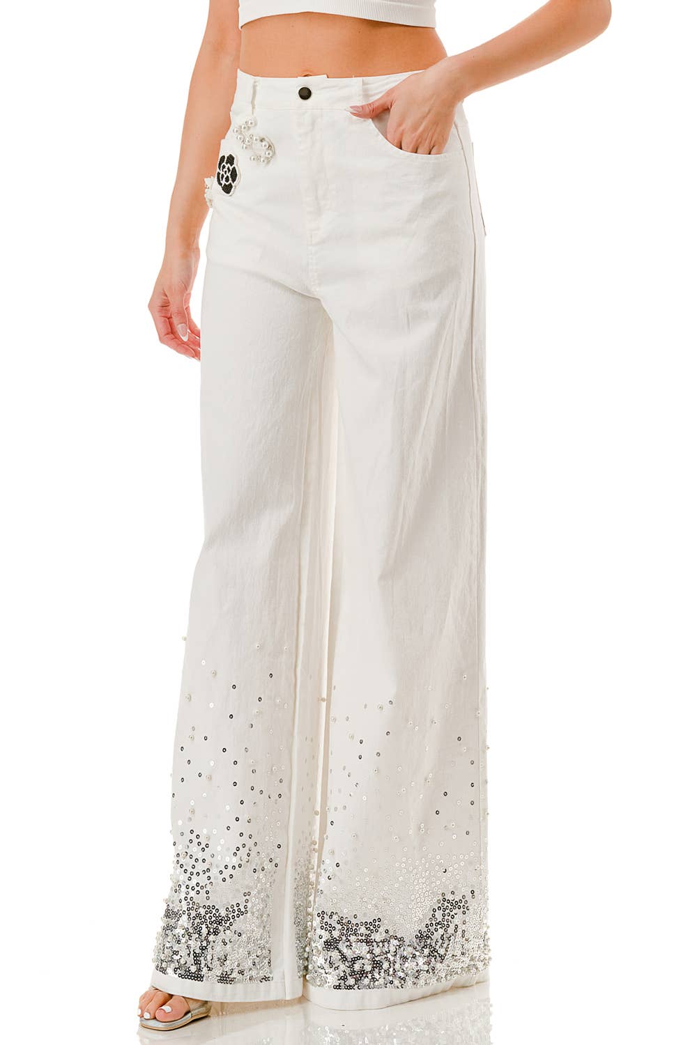 Embellished Pearl & Sequin Wide-Leg Pants