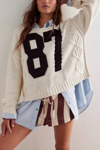 Cropped Cable-Knit 87 Graphic Sweater