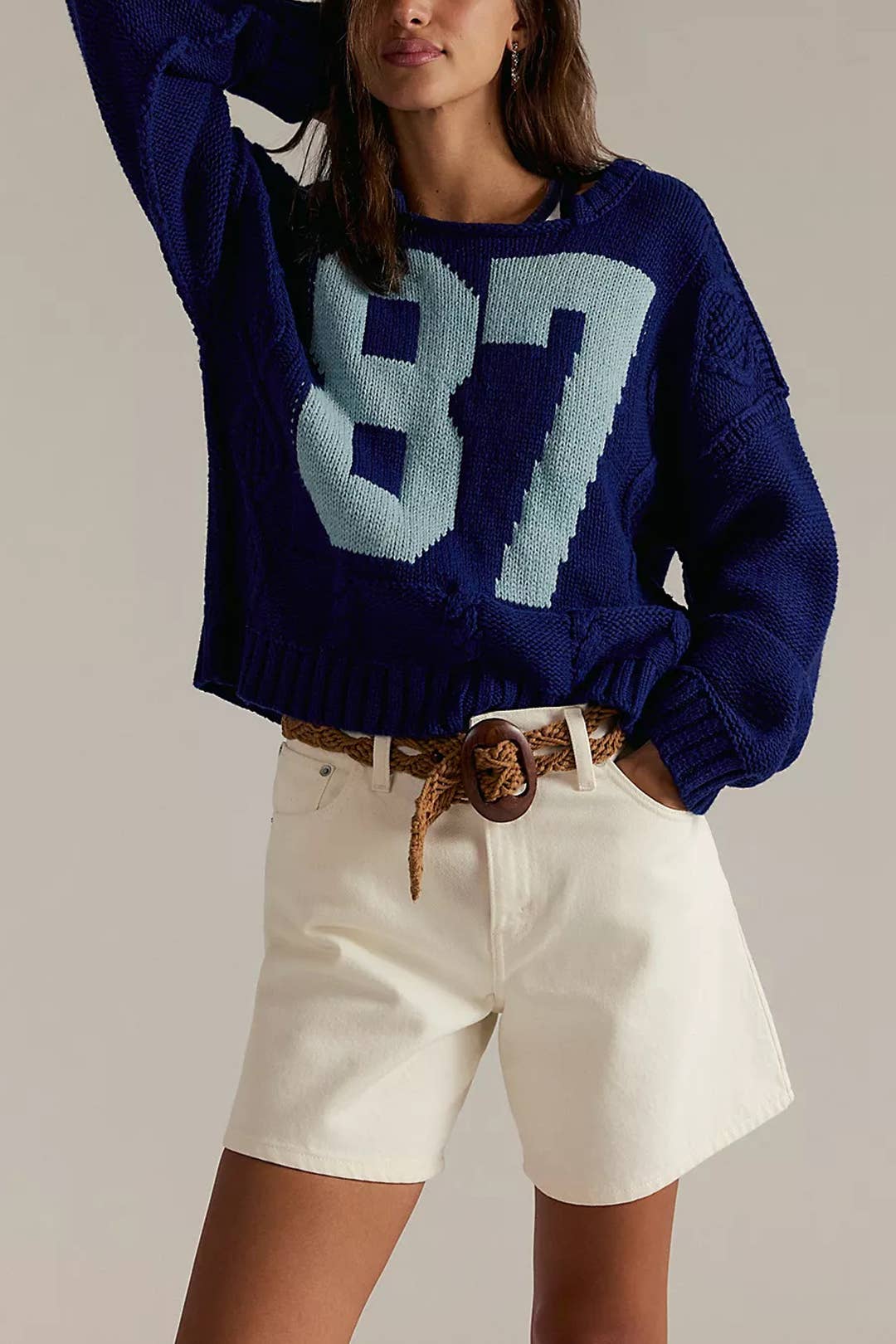 Cropped Cable-Knit 87 Graphic Sweater