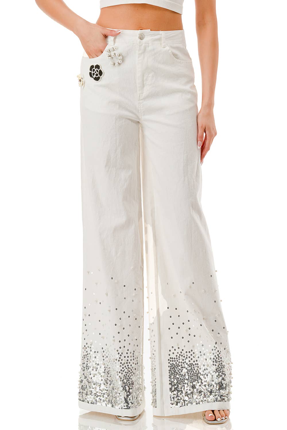 Embellished Pearl & Sequin Wide-Leg Pants