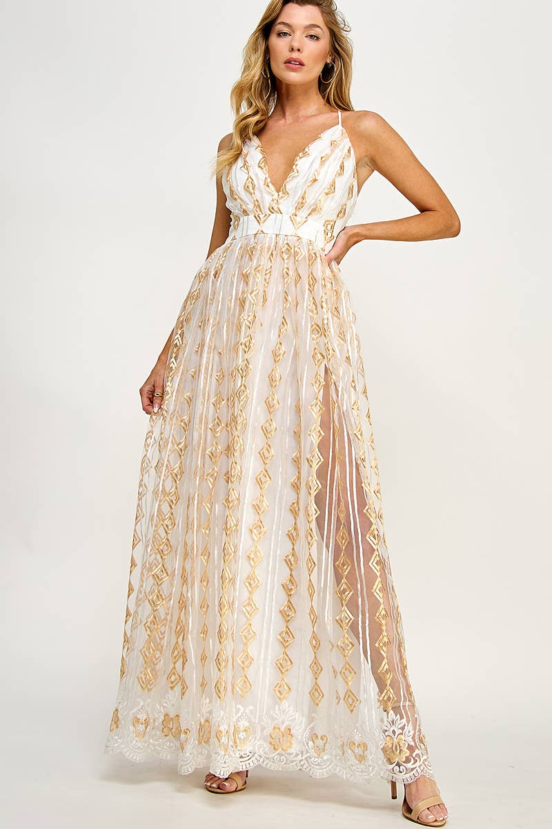 GOLD EMBROIDERED TULLE DRESS