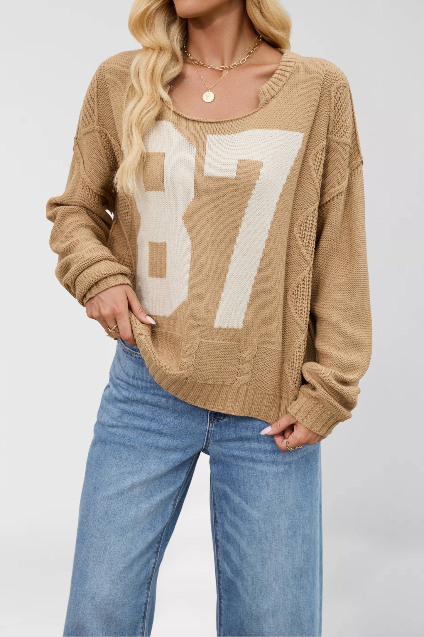 Cropped Cable-Knit 87 Graphic Sweater