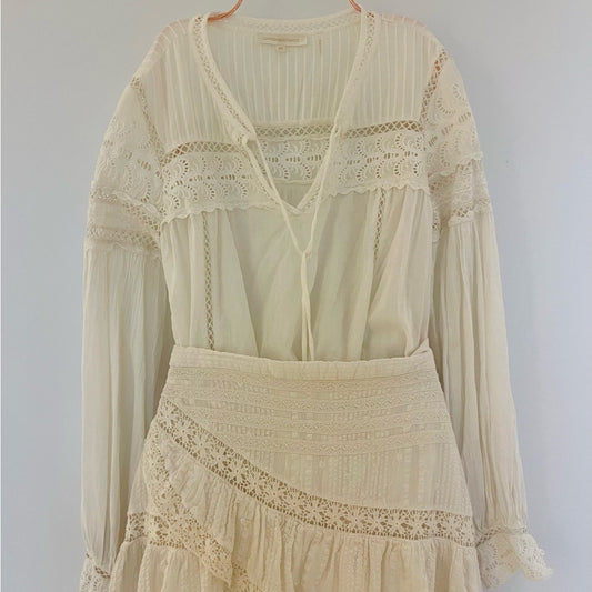 LOVESHACKFANCY Cream Ruffled Smocked Blouse with Long Sleeves .
