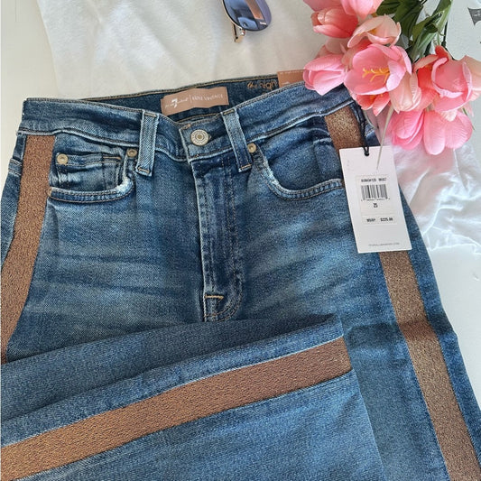 7 For All Mankind High Rise Blue and tan /gold side skinny  Jeans