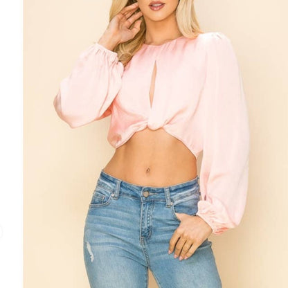 Pink Crop Top with Puff Sleeves and Tie Front