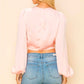 Pink Crop Top with Puff Sleeves and Tie Front