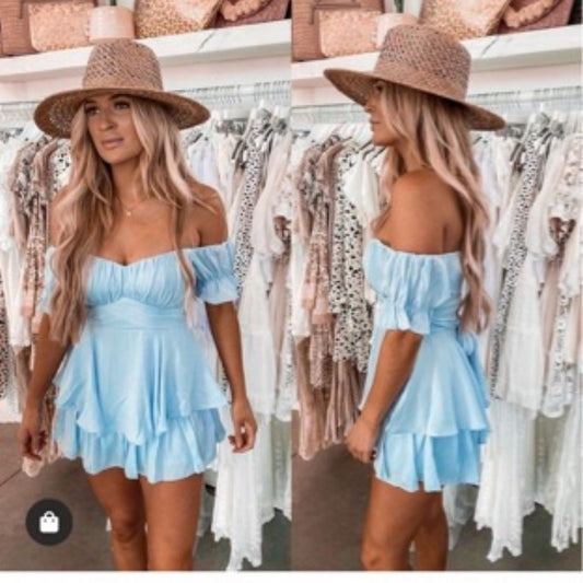 Blue Off-Shoulder Mini Dress BOHO CHIC