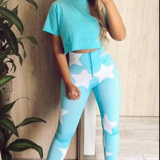 Blue and White High-Waisted Leggings