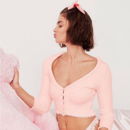 For Love And Lemons Pink Cropped Cardigan