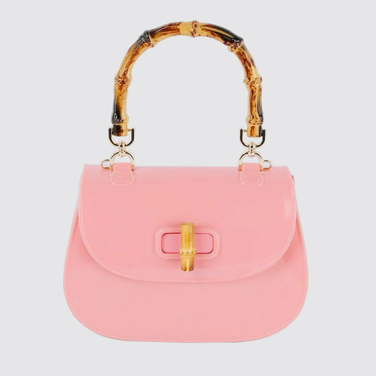 70th Style. Pink and Brown Shoulder Bag with Bamboo Handle