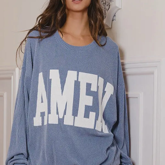 Blue and White Crew Neck Sweater with Bold Text