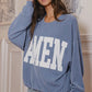 Blue and White Crew Neck Sweater with Bold Text