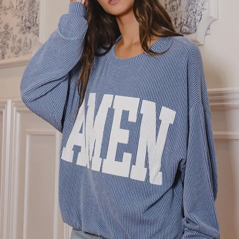 Blue and White Crew Neck Sweater with Bold Text