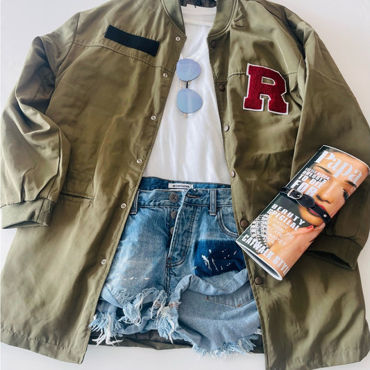 COPY - Olive Green Varsity Jacket with Red Patch